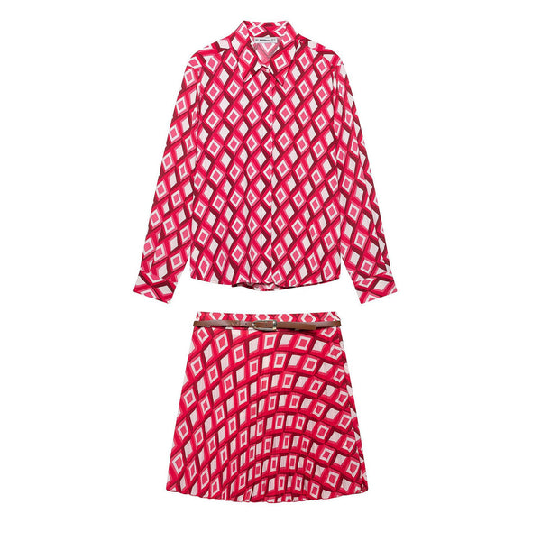 Geometric Pattern Printed Shirt With Belt Geometric Print Mini Skirt - Cosplay Craze