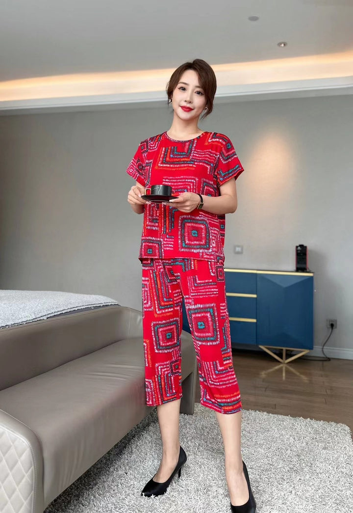 New Plus Size Loose Elastic Short Sleeve Two-piece Suit Middle-aged And Elderly Casual Homewear - Cosplay Craze