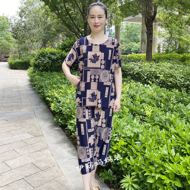 New Plus Size Loose Elastic Short Sleeve Two-piece Suit Middle-aged And Elderly Casual Homewear - Cosplay Craze