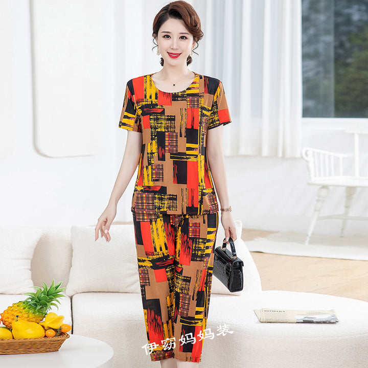 New Plus Size Loose Elastic Short Sleeve Two-piece Suit Middle-aged And Elderly Casual Homewear - Cosplay Craze