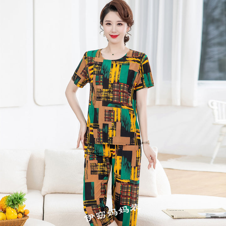 New Plus Size Loose Elastic Short Sleeve Two-piece Suit Middle-aged And Elderly Casual Homewear - Cosplay Craze