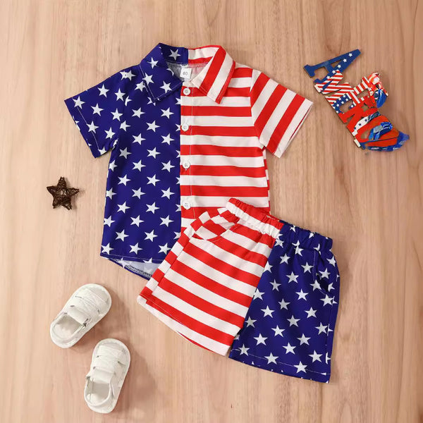 Summer Boys' Independent Japanese Star Stripe Single-breasted Short Sleeve Shorts Suit - Cosplay Craze