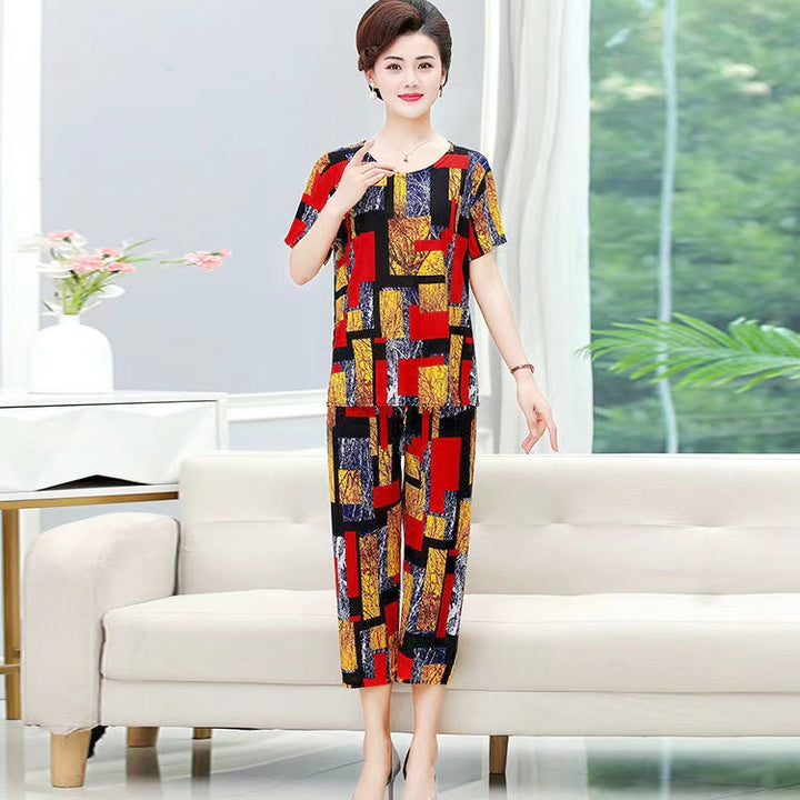New Plus Size Loose Elastic Short Sleeve Two-piece Suit Middle-aged And Elderly Casual Homewear - Cosplay Craze