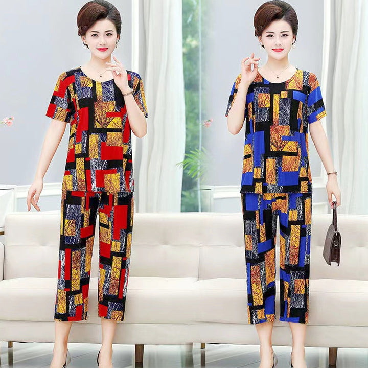 New Plus Size Loose Elastic Short Sleeve Two-piece Suit Middle-aged And Elderly Casual Homewear - Cosplay Craze