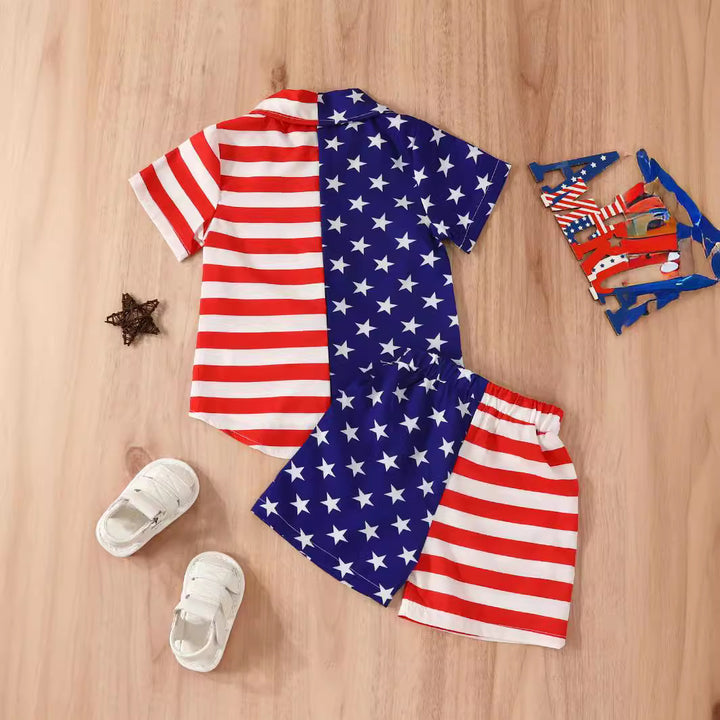 Summer Boys' Independent Japanese Star Stripe Single-breasted Short Sleeve Shorts Suit - Cosplay Craze