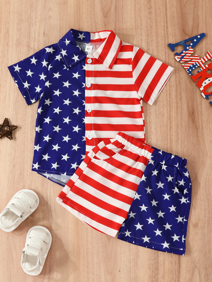 Summer Boys' Independent Japanese Star Stripe Single-breasted Short Sleeve Shorts Suit - Cosplay Craze