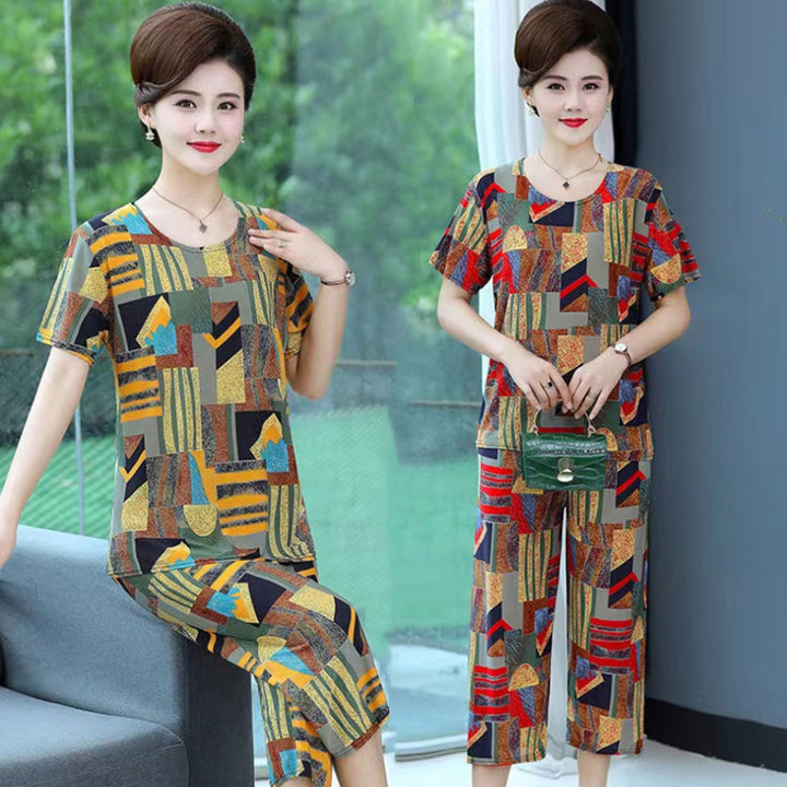 New Plus Size Loose Elastic Short Sleeve Two-piece Suit Middle-aged And Elderly Casual Homewear - Cosplay Craze