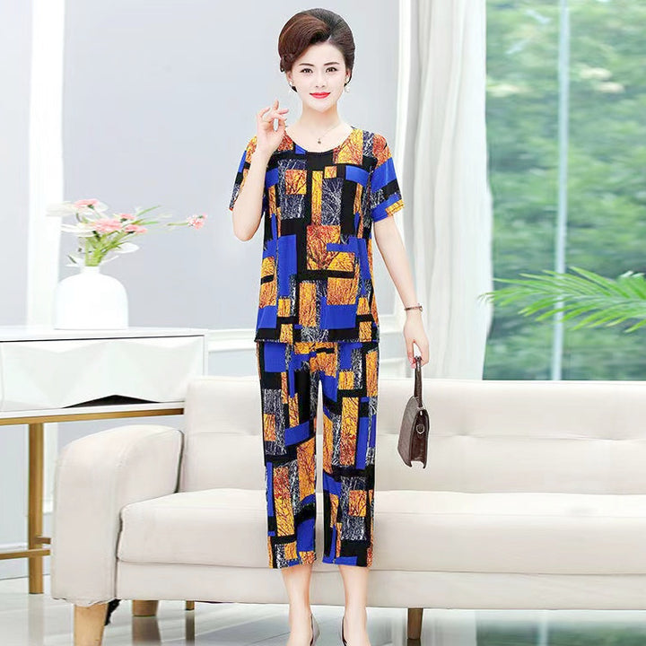 New Plus Size Loose Elastic Short Sleeve Two-piece Suit Middle-aged And Elderly Casual Homewear - Cosplay Craze