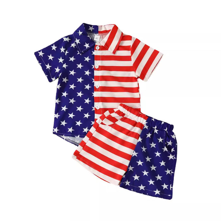 Summer Boys' Independent Japanese Star Stripe Single-breasted Short Sleeve Shorts Suit - Cosplay Craze