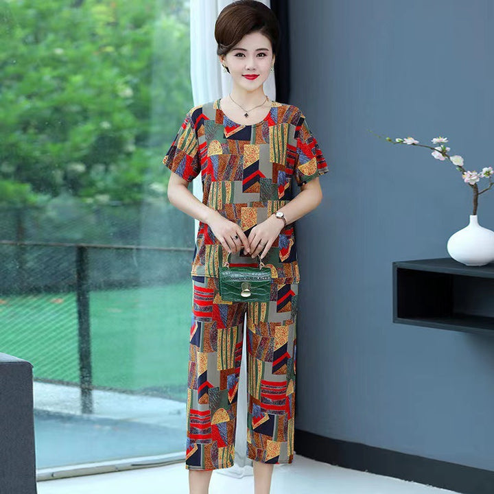 New Plus Size Loose Elastic Short Sleeve Two-piece Suit Middle-aged And Elderly Casual Homewear - Cosplay Craze