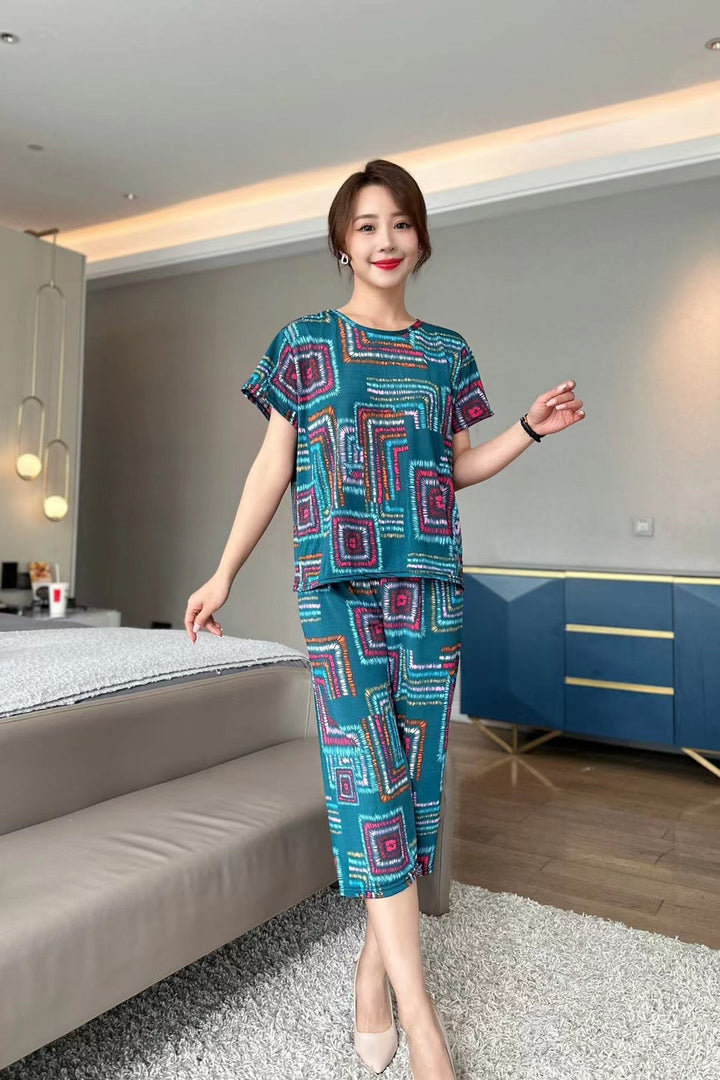 New Plus Size Loose Elastic Short Sleeve Two-piece Suit Middle-aged And Elderly Casual Homewear - Cosplay Craze
