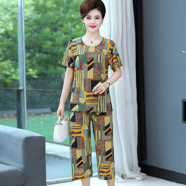 New Plus Size Loose Elastic Short Sleeve Two-piece Suit Middle-aged And Elderly Casual Homewear - Cosplay Craze