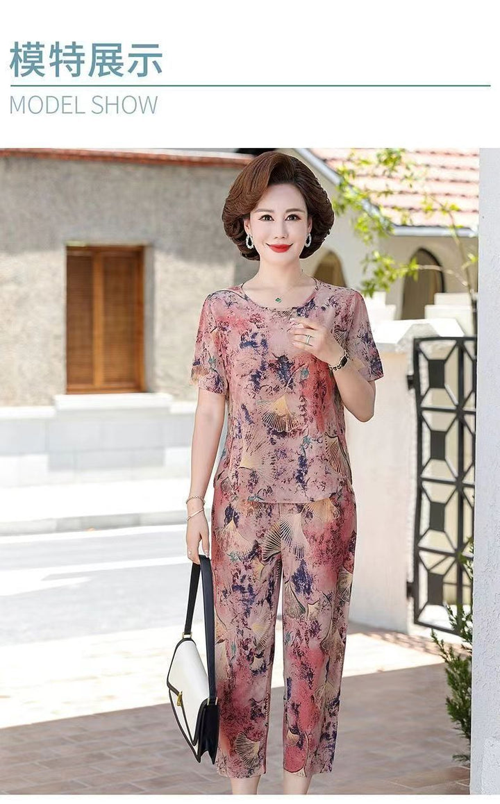New Plus Size Loose Elastic Short Sleeve Two-piece Suit Middle-aged And Elderly Casual Homewear - Cosplay Craze