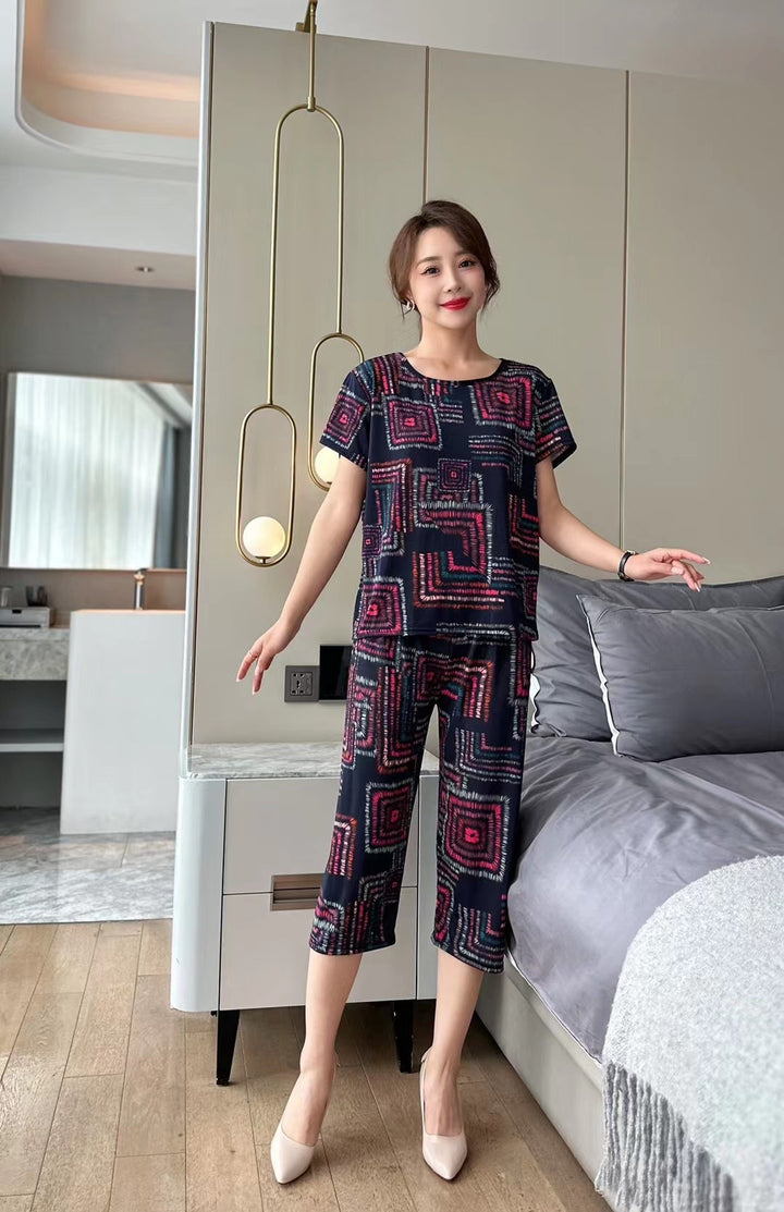 New Plus Size Loose Elastic Short Sleeve Two-piece Suit Middle-aged And Elderly Casual Homewear - Cosplay Craze