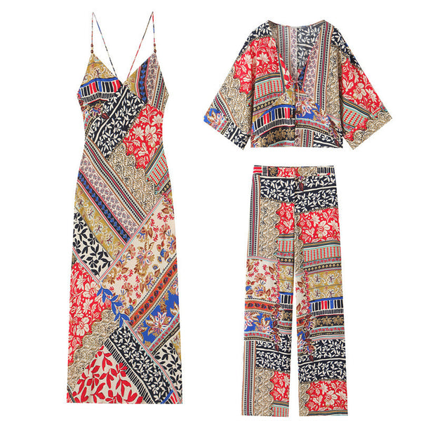 Patchwork Wide Leg Pants Printed Blouse Midi Skirt Dress - Cosplay Craze