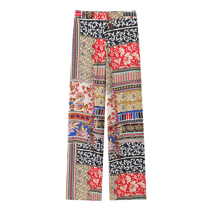 Patchwork Wide Leg Pants Printed Blouse Midi Skirt Dress - Cosplay Craze