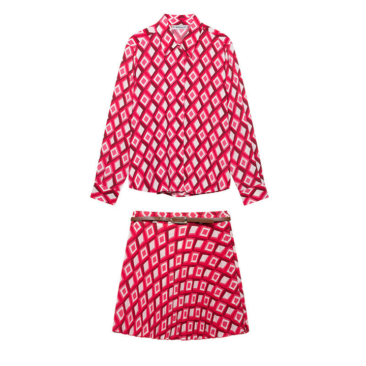 Geometric Pattern Printed Shirt With Belt Geometric Print Mini Skirt - Cosplay Craze